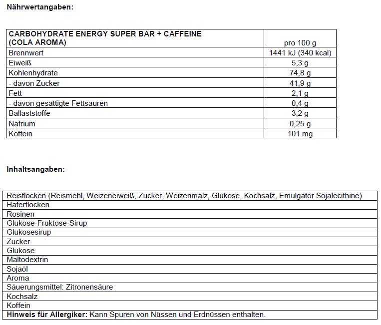 Squezzy Energy Super Bar Riegel N&auml;hrwertangabe
