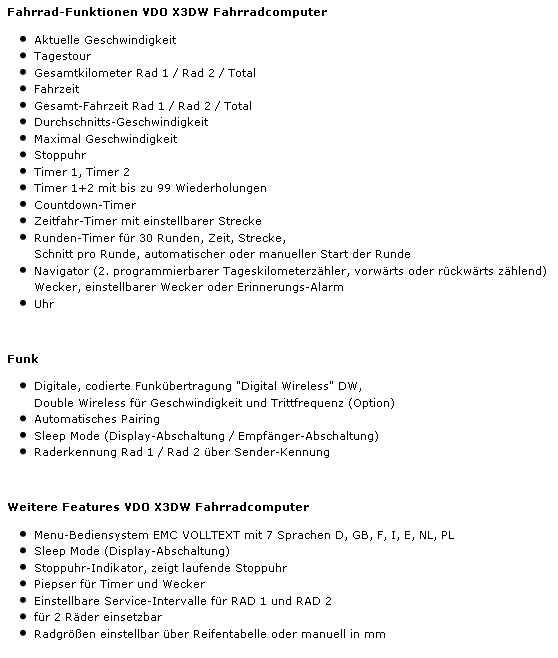 VDO X3DW Fahrradfunktionen